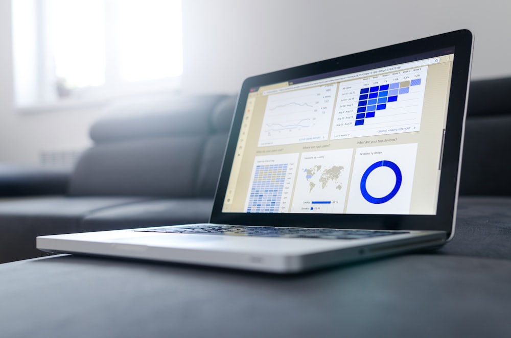 Laptop displaying charts and a world map